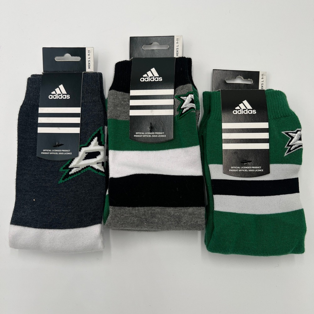 Adidas Dallas Stars Hockey NHL Mens Crew Socks 3 Pack Size L 9/11 Green Black